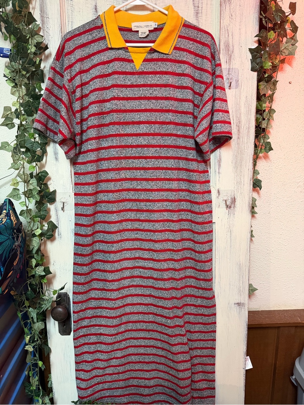 Striped Polo Maxi Dress in Red and Gray with Yellow Collar